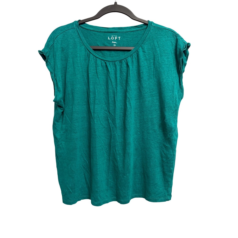 Ann Taylor LOFT Teal Green 100% Linen Cap Sleeve Pleated Scoop Neck Top Medium